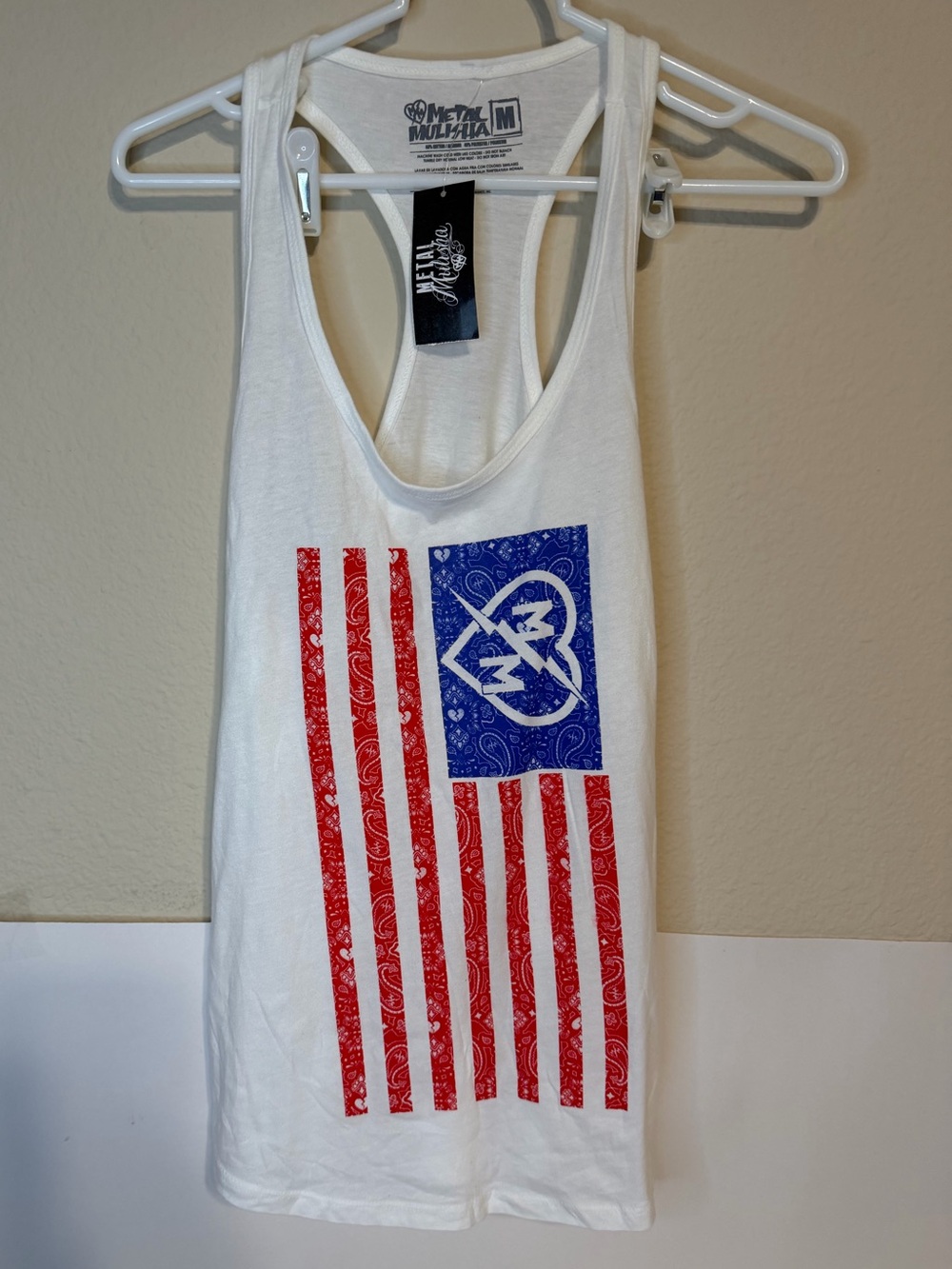 Metal Mulisha White Tank Top with Red & Blue Flag Graphic